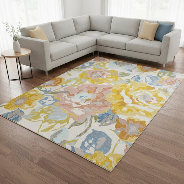HomeRoots 8' Bright Botanical Leaves Area Rug in Yellow, Blue, and Pink - Durable, Soft, and Stylish Decor 8' X 11' 660057