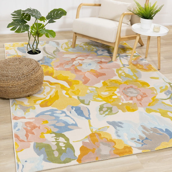 HomeRoots 8' Bright Botanical Leaves Area Rug in Yellow, Blue, and Pink - Durable, Soft, and Stylish Decor 8' X 11' 660057