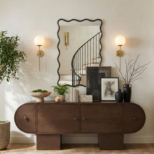 Meridian Furniture Foundry Forged Iron Sculptural Wave Wall Mirror with Artisan Frame for Entryway Living Room Black 66007Black-M