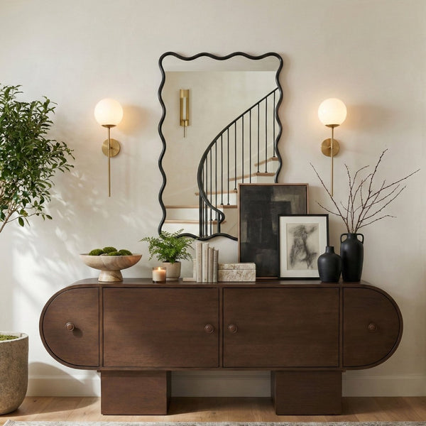 Meridian Furniture Foundry Forged Iron Sculptural Wave Wall Mirror with Artisan Frame for Entryway Living Room Black 66007Black-M