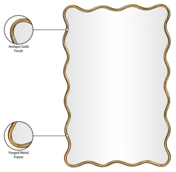 Meridian Furniture Foundry Forged Iron Sculptural Wave Wall Mirror with Artisan Frame for Entryway Living Room Gold 66007Gold-M