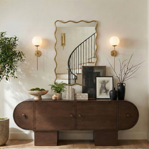 Meridian Furniture Foundry Forged Iron Sculptural Wave Wall Mirror with Artisan Frame for Entryway Living Room Gold 66007Gold-M
