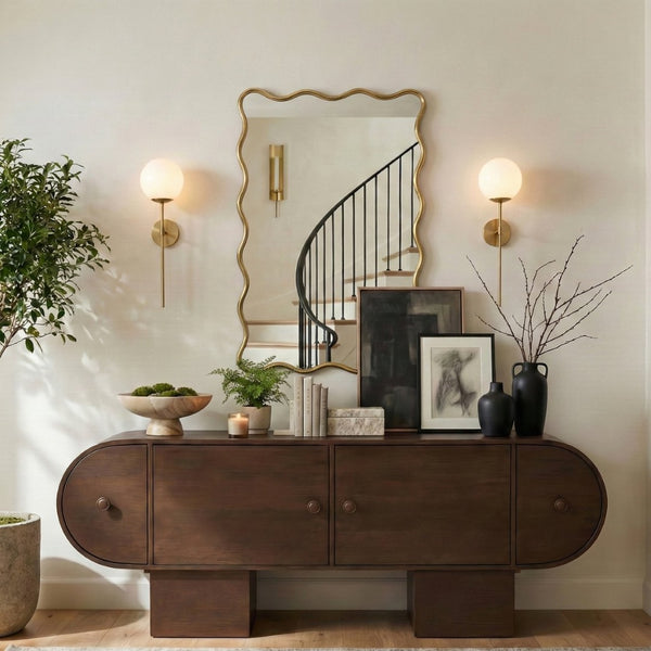 Meridian Furniture Foundry Forged Iron Sculptural Wave Wall Mirror with Artisan Frame for Entryway Living Room Gold 66007Gold-M