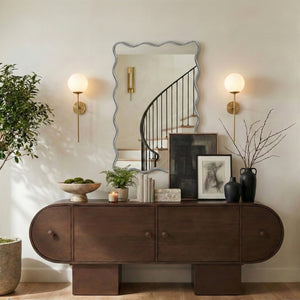 Meridian Furniture Foundry Forged Iron Sculptural Wave Wall Mirror with Artisan Frame for Entryway Living Room Silver 66007Silver-M
