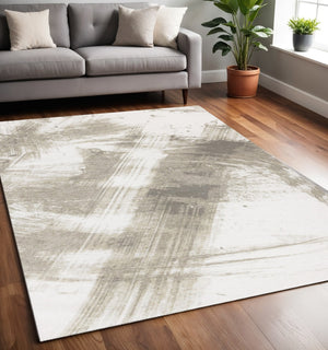 HomeRoots 5' Modern Ivory and Taupe Abstract Area Rug for Contemporary Spaces - Durable, Stain-Resistant Design 5' X 8' 660084