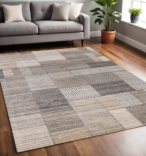 HomeRoots 5' Modern Geometric Area Rug in Gray, Black, and Beige – Durable, Stylish, and Stain-Resistant Design 5' X 8' 660088