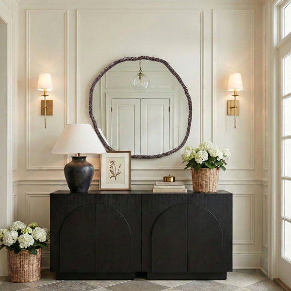 Meridian Furniture Molten Hand Forged Iron Wall Mirror Sculptural Antique Finish Artisan Entryway Accent Piece Brown 36 inches 66008Brown-M
