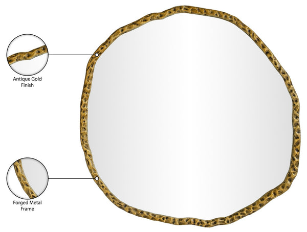 Meridian Furniture Molten Hand Forged Iron Wall Mirror Sculptural Antique Finish Artisan Entryway Accent Piece Gold 36 inches 66008Gold-M