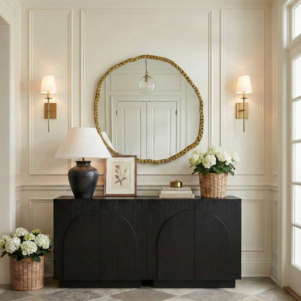 Meridian Furniture Molten Hand Forged Iron Wall Mirror Sculptural Antique Finish Artisan Entryway Accent Piece Gold 36 inches 66008Gold-M