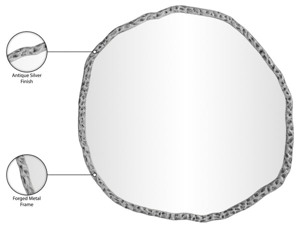 Meridian Furniture Molten Hand Forged Iron Wall Mirror Sculptural Antique Finish Artisan Entryway Accent Piece Silver 36 inches 66008Silver-M