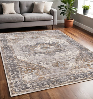 HomeRoots 5' Ivory Gray and Brown Medallion Area Rug - Durable, Stain-Resistant, Soft Addition to Any Room 5' X 8' 660094