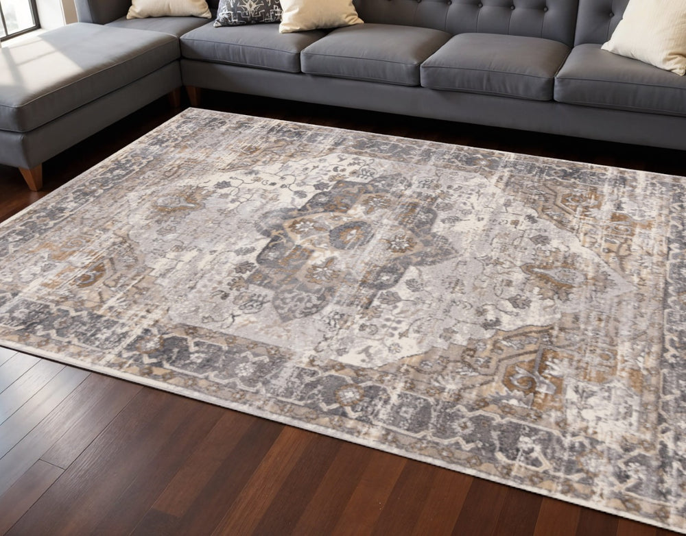 HomeRoots 8' Elegant Ivory Gray and Brown Medallion Area Rug - Durable, Stylish, and Easy-Care for Any Room 8' X 11' 660095