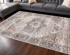 HomeRoots 8' Elegant Ivory Gray and Brown Medallion Area Rug - Durable, Stylish, and Easy-Care for Any Room 8' X 11' 660095