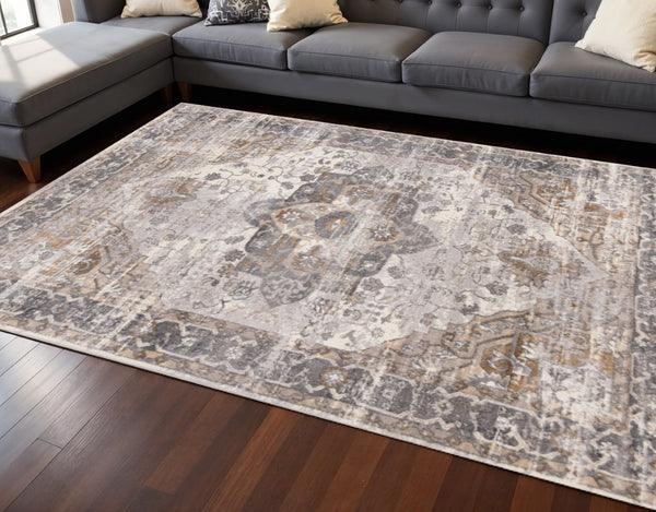 HomeRoots 8' Elegant Ivory Gray and Brown Medallion Area Rug - Durable, Stylish, and Easy-Care for Any Room 8' X 11' 660095