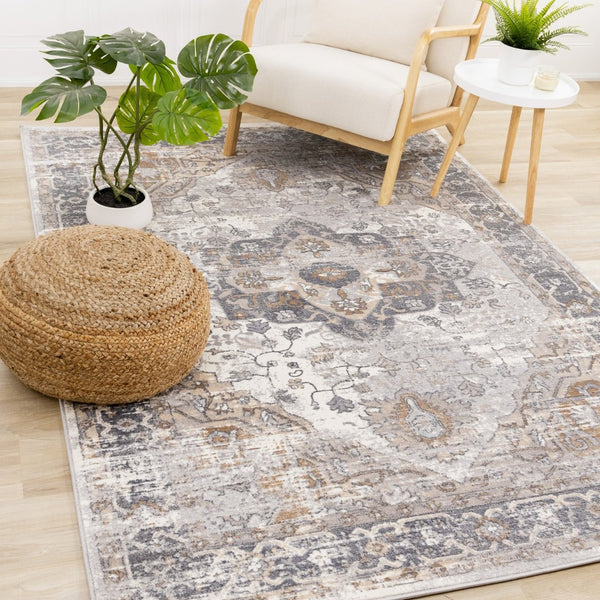HomeRoots 8' Elegant Ivory Gray and Brown Medallion Area Rug - Durable, Stylish, and Easy-Care for Any Room 8' X 11' 660095