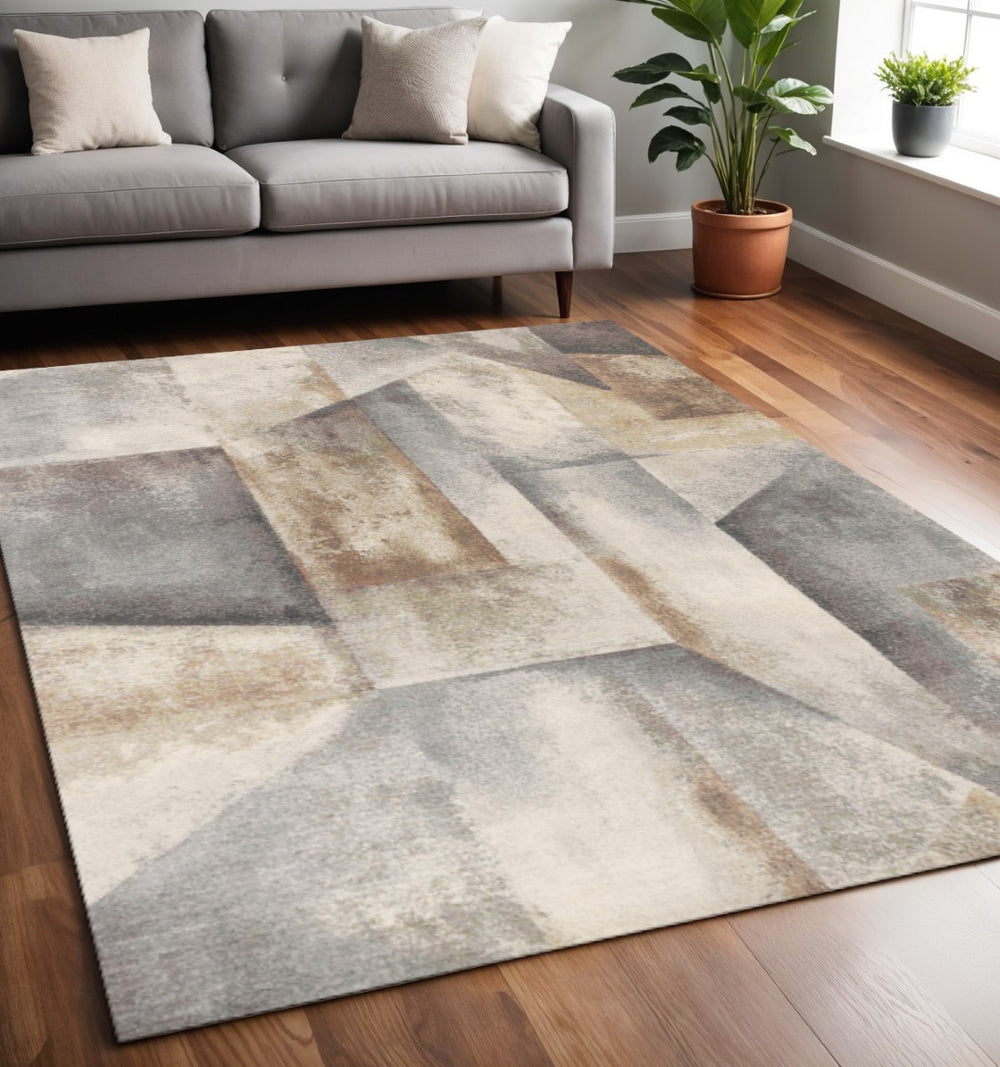 HomeRoots 5' Abstract Area Rug in Gray, Beige & Brown – Durable, Stain-Resistant Design for Modern Homes 5' X 8' 660099