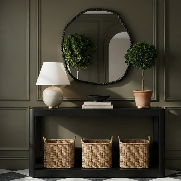 Meridian Furniture Molten Hand Forged Iron Wall Mirror Sculptural Antique Finish Artisan Entryway Accent Piece Black 48 inches 66009Black-M