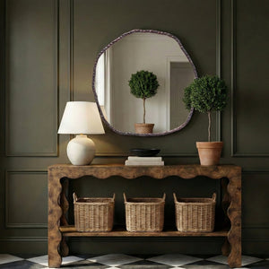 Meridian Furniture Molten Hand Forged Iron Wall Mirror Sculptural Antique Finish Artisan Entryway Accent Piece Brown 48 inches 66009Brown-M