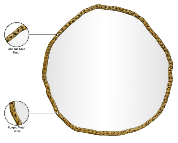 Meridian Furniture Molten Hand Forged Iron Wall Mirror Sculptural Antique Finish Artisan Entryway Accent Piece Gold 48 inches 66009Gold-M