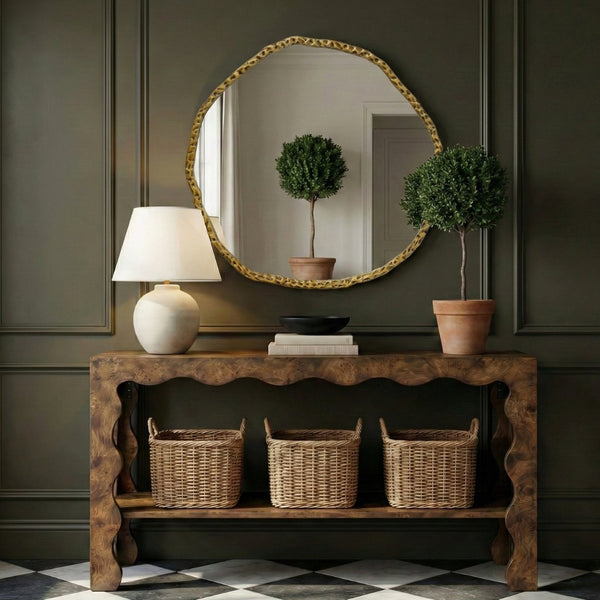 Meridian Furniture Molten Hand Forged Iron Wall Mirror Sculptural Antique Finish Artisan Entryway Accent Piece Gold 48 inches 66009Gold-M