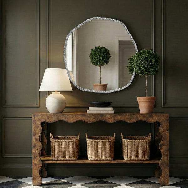 Meridian Furniture Molten Hand Forged Iron Wall Mirror Sculptural Antique Finish Artisan Entryway Accent Piece Silver 48 inches 66009Silver-M