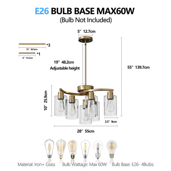 English Elm 6-Light Modern Farmhouse Iron Chandelier with Clear Glass Shades, Adjustable Height Dining Fixture Gold W2312P374986