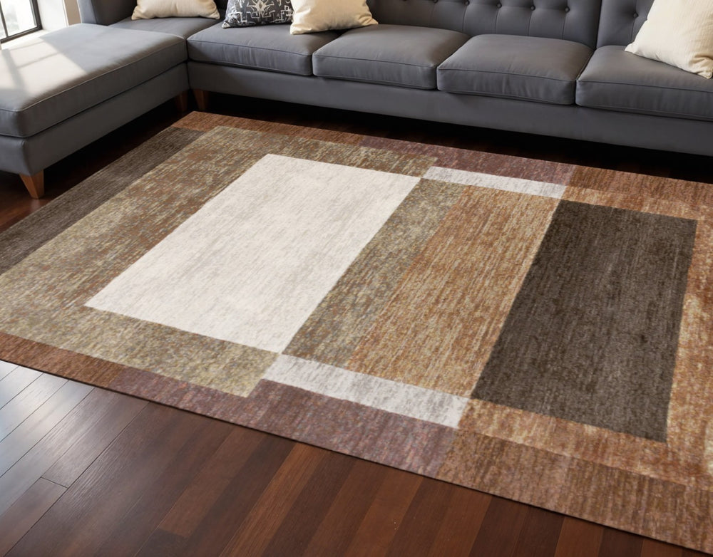 HomeRoots 8' Stylish Geometric Area Rug in Brown and Beige - Durable, Stain-Resistant Design for Family Spaces 8' X 11' 660104