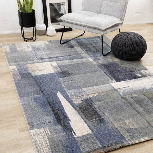 HomeRoots 5' Blue Gray and Ivory Abstract Area Rug - Contemporary Style, Stain-Resistant, Durable Design for Homes 5' X 8' 660111