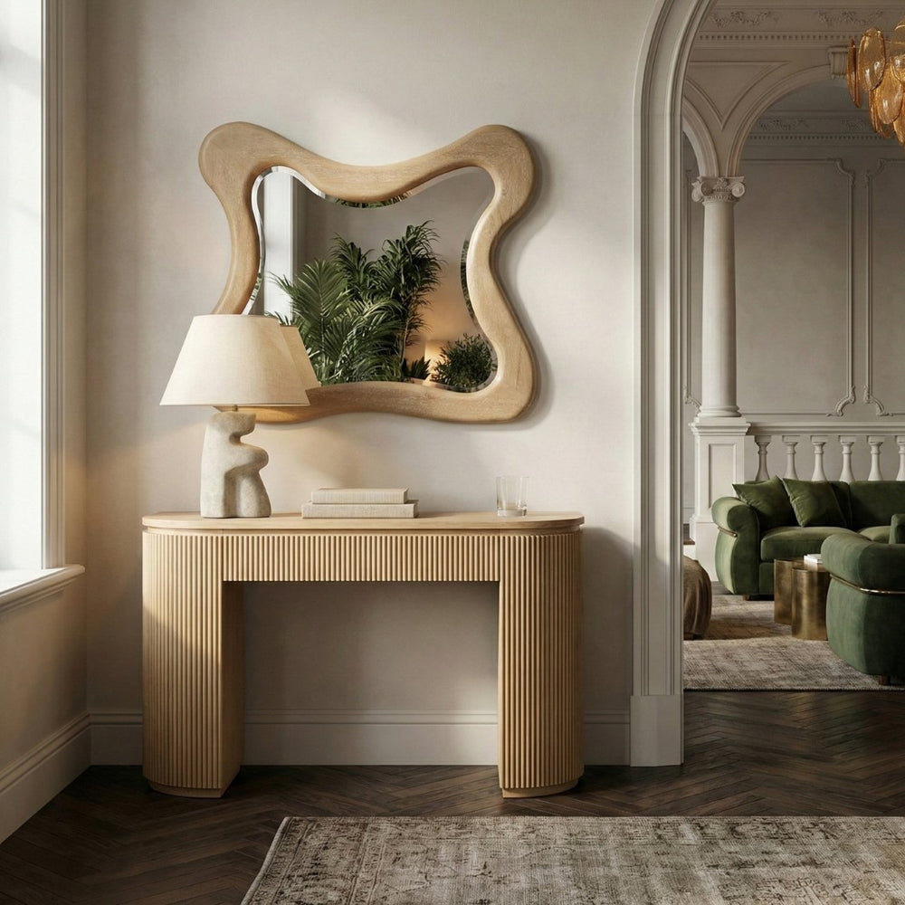 Meridian Furniture Verra Solid Wood Wall Mirror with Sculptural Frame for Modern Bedroom or Entryway Decor Natural 66011Natural-M