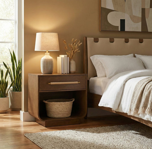 Meridian Furniture Sorell Solid Wood Nightstand with Oak Veneer Top Rounded Edges Scandinavian Bedroom Style Brown 66014Brown-NS