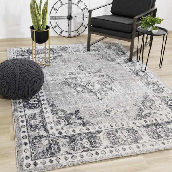 HomeRoots 7' Gray-Blue & Ivory Medallion Area Rug - Durable, Stain-Resistant, Perfect for High-Traffic Homes! 660150
