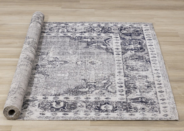 HomeRoots 7' Gray-Blue & Ivory Medallion Area Rug - Durable, Stain-Resistant, Perfect for High-Traffic Homes! 660150