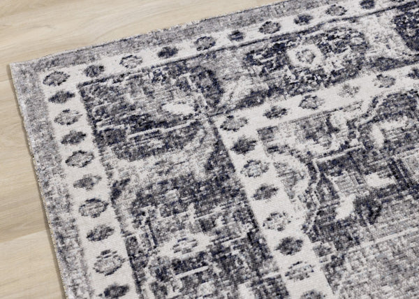 HomeRoots 7' Gray-Blue & Ivory Medallion Area Rug - Durable, Stain-Resistant, Perfect for High-Traffic Homes! 660150