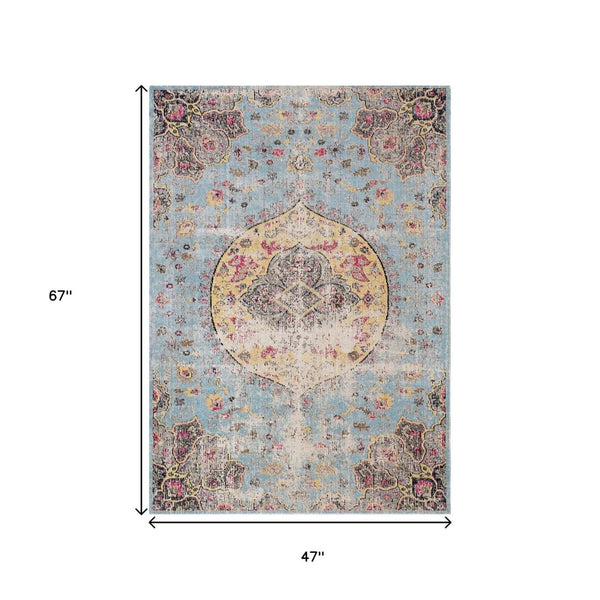HomeRoots 4' Vibrant Blue, Yellow & Pink Medallion Area Rug - Durable, Stain-Resistant for High-Traffic Spaces 4' X 6' 660152