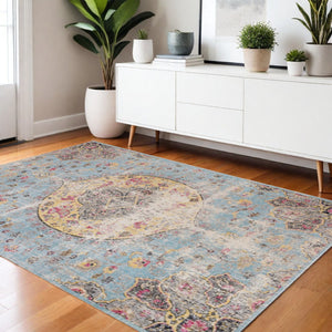 HomeRoots 4' Vibrant Blue, Yellow & Pink Medallion Area Rug - Durable, Stain-Resistant for High-Traffic Spaces 4' X 6' 660152