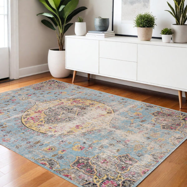 HomeRoots 4' Vibrant Blue, Yellow & Pink Medallion Area Rug - Durable, Stain-Resistant for High-Traffic Spaces 4' X 6' 660152