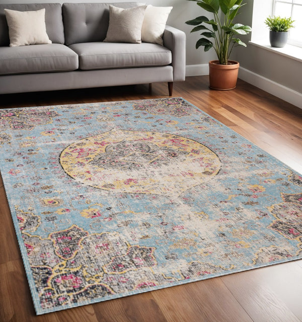 HomeRoots 4' Vibrant Blue, Yellow & Pink Medallion Area Rug - Durable, Stain-Resistant for High-Traffic Spaces 5' X 8' 660153