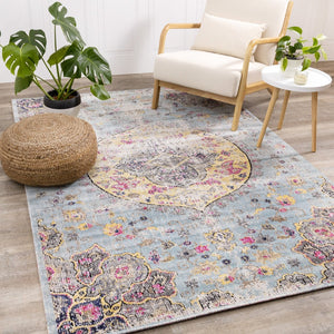HomeRoots 4' Vibrant Blue, Yellow & Pink Medallion Area Rug - Durable, Stain-Resistant for High-Traffic Spaces 5' X 8' 660153
