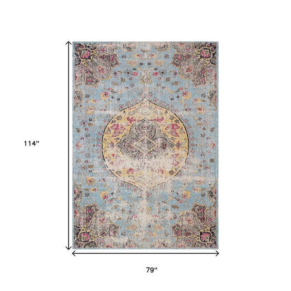 HomeRoots 4' Vibrant Blue, Yellow & Pink Medallion Area Rug - Durable, Stain-Resistant for High-Traffic Spaces 7' X 10' 660154