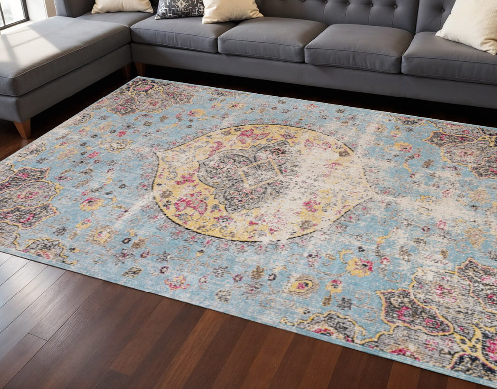 HomeRoots 4' Vibrant Blue, Yellow & Pink Medallion Area Rug - Durable, Stain-Resistant for High-Traffic Spaces 8' X 11' 660155