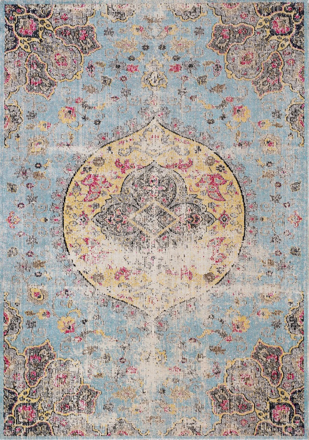 HomeRoots 4' Vibrant Blue, Yellow & Pink Medallion Area Rug - Durable, Stain-Resistant for High-Traffic Spaces 8' X 11' 660155