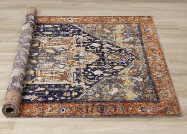 HomeRoots 7' Modern Medallion Area Rug in Vibrant Orange, Gray & Ivory - Stain-Resistant & Durable Design 660158