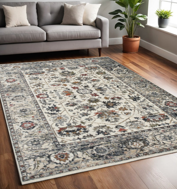 HomeRoots 5' Cream Gray and Red Floral Medallion Area Rug – Timeless Style, Stain-Resistant, Durable Design! 5' X 8' 660162