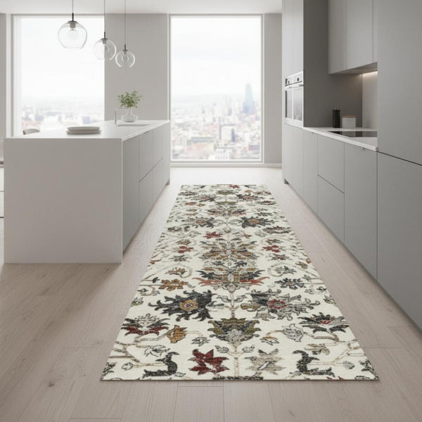 HomeRoots 8' Floral Medallion Runner Rug in Cream, Gray, and Red – Perfect for Hallways and High Traffic Areas 2' X 8' 660165