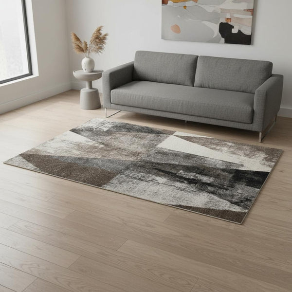 HomeRoots 5' Modern Geometric Area Rug in Cream, Brown & Black - Durable, Stain-Resistant & Stylish Design 5' X 8' 660168