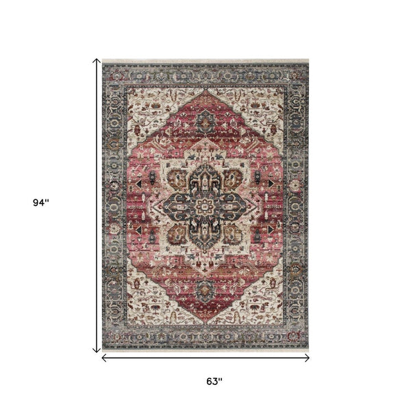 HomeRoots 5' Pink Cream and Gray Medallion Area Rug - Durable, Stain-Resistant Design for Modern Interiors 5' X 8' 660171