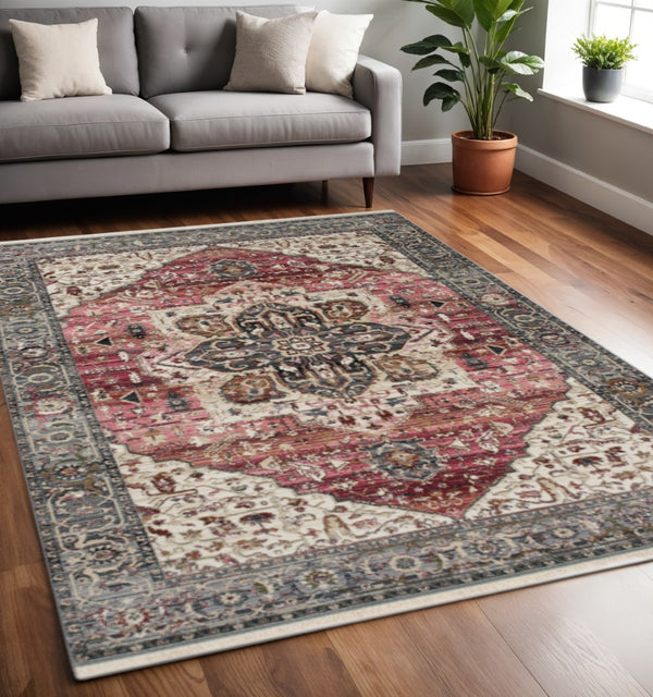 HomeRoots 5' Pink Cream and Gray Medallion Area Rug - Durable, Stain-Resistant Design for Modern Interiors 5' X 8' 660171