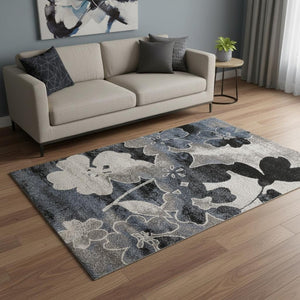 HomeRoots 5' Blue Cream and Black Botanical Leaves Area Rug - Perfect for Modern Homes with Kids and Pets 5' X 8' 660173