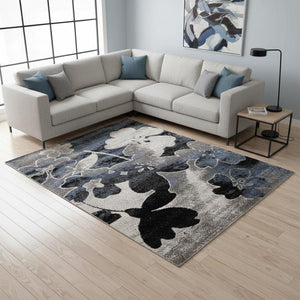 HomeRoots 5' Blue Cream and Black Botanical Leaves Area Rug - Perfect for Modern Homes with Kids and Pets 8' X 11' 660174