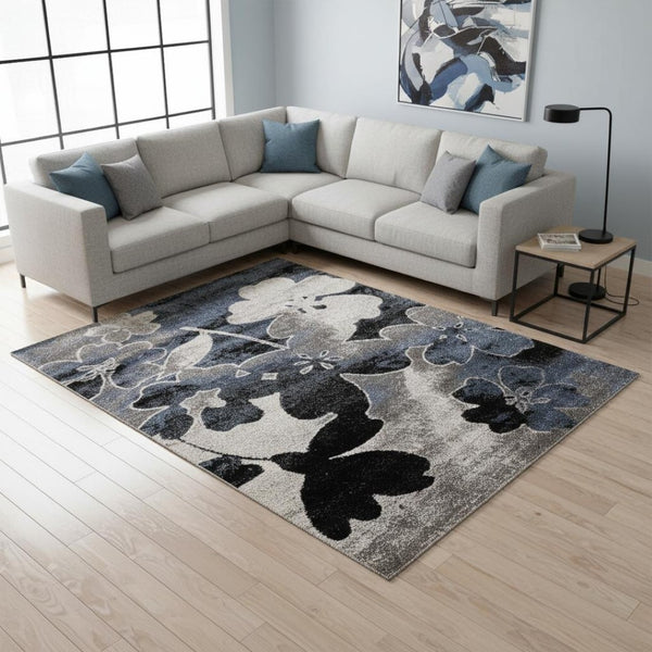 HomeRoots 5' Blue Cream and Black Botanical Leaves Area Rug - Perfect for Modern Homes with Kids and Pets 8' X 11' 660174